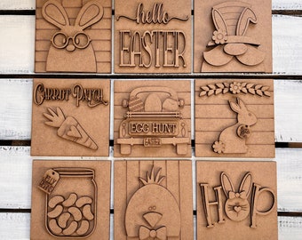 Easter Spring Interchangeable Square Sign/Unfinished Wood Blanks/DIY Easter Decor/Tiered Tray decor/4.25"/Leaning Sign/Bunny/Happy Easter