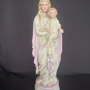 Large biscuit porcelain Madonna, Virgin Mary with baby Jesus statue, Mother Mary with child, Colorful appearance.