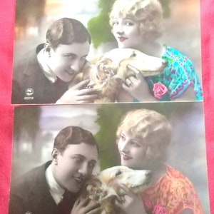 Set de 2 postales francesas Belle Epoque con pareja romántica con perro Borzoi. Hermosos peinados y ropa. P C París, fabricado en Francia.