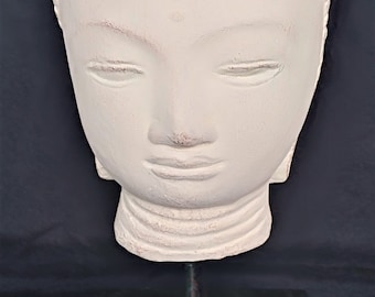 White Limestone Boudha head mounted on black wooden base, Meditation room, Zen, Yoga, Buddha, Buddha, Buddha, Bouddha