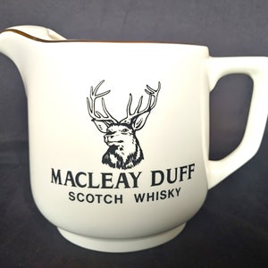 Macleay Duff white with black print and gold trim water jug for Scotch whisky Macleay Duff, Scotch Whisky water and ice jug. 1970s