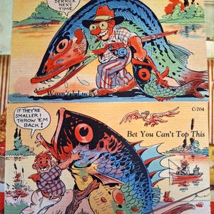 Dos divertidas postales americanas sin usar, relacionadas con la pesca.