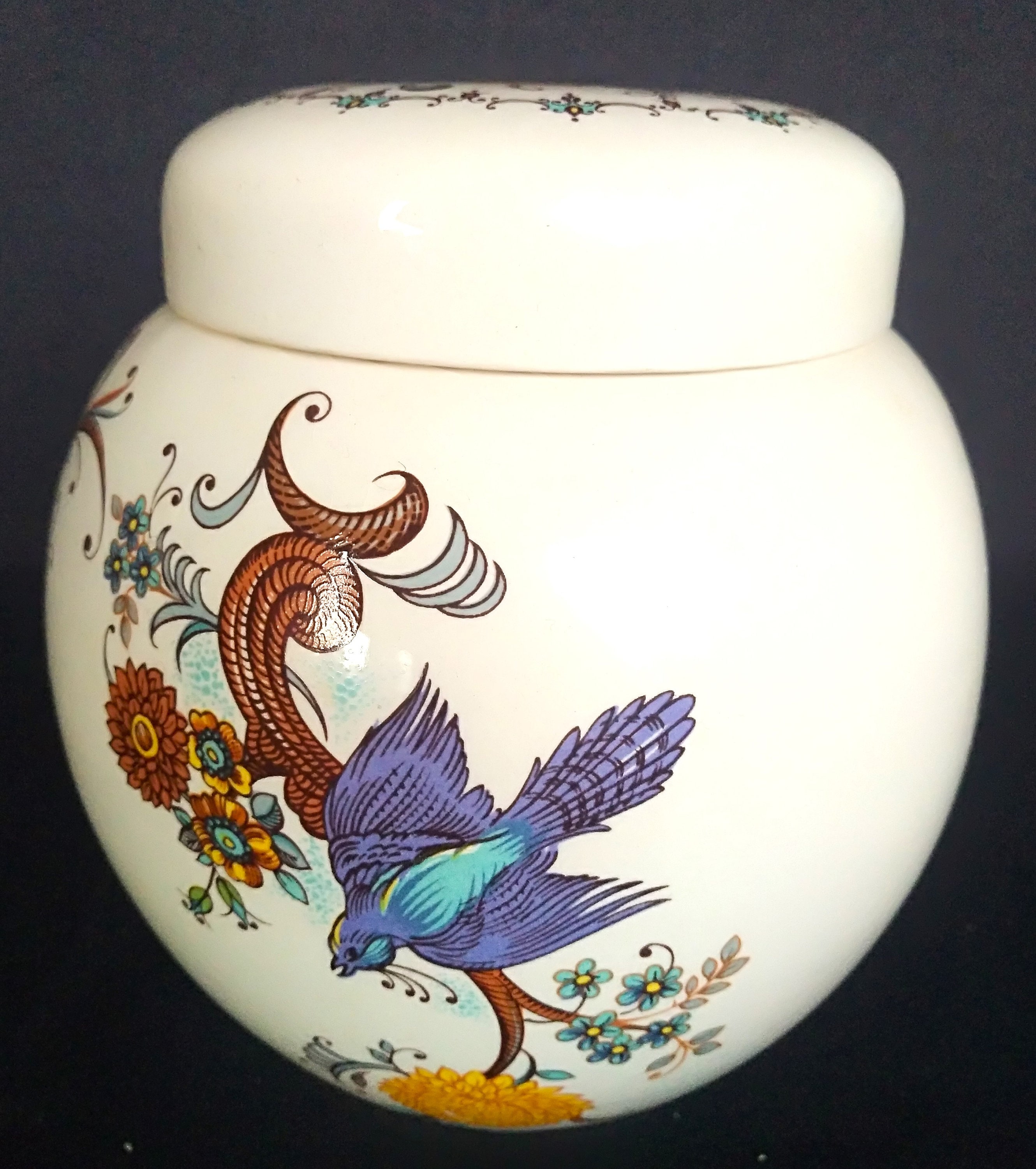 Vintage Sadler Staffordshire England, decorative ginger jar, tea container, with bird floral pattern and lid from the 1970s, Marked