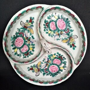 Porcelain refreshment plate with floral and butterfly decoration, Marked Lucky China, Bonbonniere, nut dish, jewelry organizer