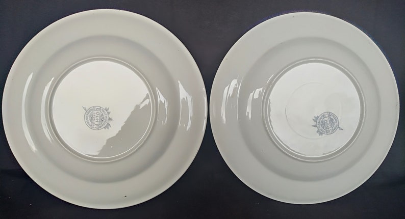 May include: Two white ceramic plates with a raised rim. The plates have a simple design and a small logo on the bottom.