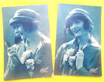1924 set of two blue colored French antique postcards, French vintage postcards, antique postcards, romantic cards