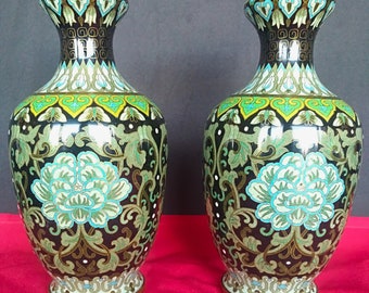 Zi Jin Cheng vases - pair of 2 - light blue, olive green, yellow black floral motifs, cloisonné vases with floral motif, 1960s Vintage