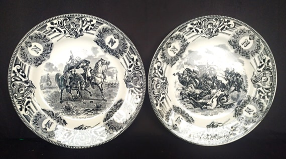 Set Antieke Napoleon Bonaparte platen  Combat de Benhout 1799 en Mort de Desaix à Marengo 1800  Bonaparte, Collectible, Franse geschiedenis