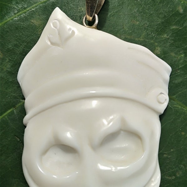 Beautiful carved skull with captain's cap anchor Mustache and beard Pendant , Buffalo Bone carving, Caper captain, Pirates of the carribean