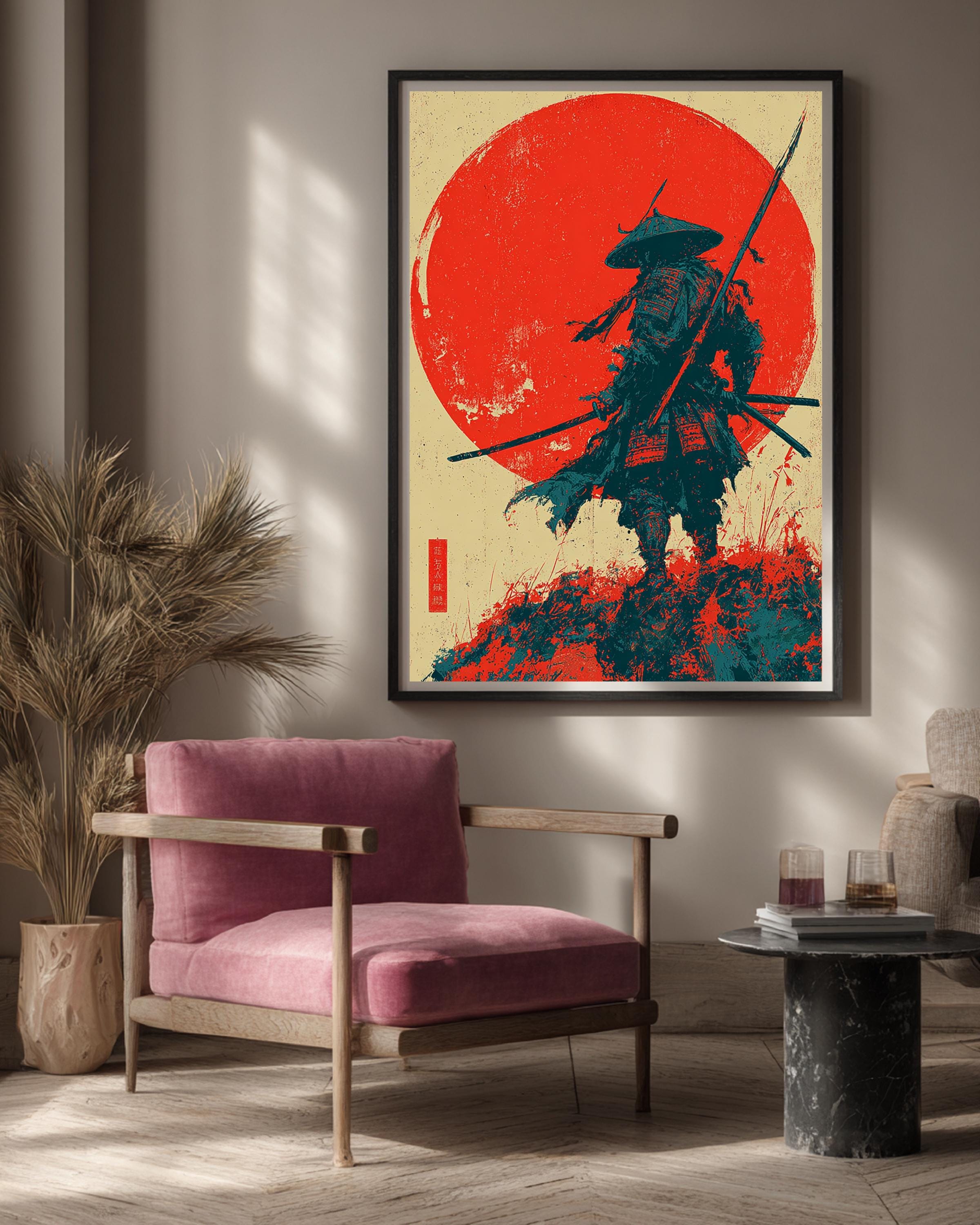 Samurai Rising Sun Retro Samurai Rising Sun Poster, Vintage Japanese Ukiyo-e Warrior Wall ...