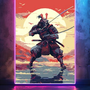 Retro Pixel Samurai-konsttryck – 8-bitars krigarkaraktär, dramatisk pose, djärv pixelskuggning, nostalgisk arkadfantasiväggkonst