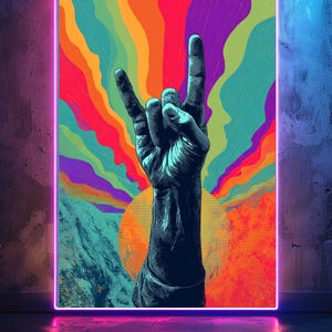 Estampado de gestos de manos de rock psicodélico, arte de ondas de aura neón, estilo póster de rock de los 70, decoración de pared musical de alto contraste, vetas vintage.