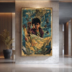 May include: A framed vintage-style map art print featuring a young person holding a compass. The artwork has a nautical theme with ships and a world map. The color palette includes blues, browns, and gold.