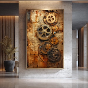 Könnte beinhalten: Ein gerahmtes Kunstwerk im Steampunk-Stil mit einer Collage aus Zahnrädern und Zahnkränzen in verschiedenen Größen und Farben, vor dem Hintergrund von gealtertem Pergament mit Noten. Die Zahnräder sind in Gold-, Bronze- und Silbertönen gehalten.