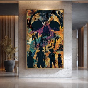 Retro Adventure Collage Poster – Kids Silhouettes, Pirate Skull & Treasure Map Elements, Bold 80s Nostalgic Wall Art Print