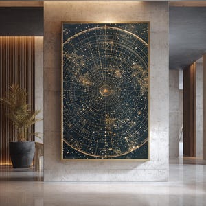 Puede incluir: Una gran obra de arte enmarcada con un diseño de mapa celeste. La obra de arte tiene un fondo azul oscuro con un mapa estelar dorado. El marco es dorado. La obra de arte se exhibe en un entorno interior moderno.