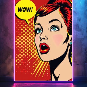 May include: Pop art style print featuring a woman with red hair and blue eyes, looking upward with an open mouth. A yellow speech bubble with the word "WOW!" is on the left. The background is red with yellow dots and lines.