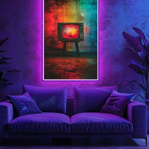 May include: A neon-lit wall art piece featuring a vintage television set on a stand. The artwork has a vibrant, colourful background with red, orange, and blue hues. A purple sofa with cushions is in the foreground.