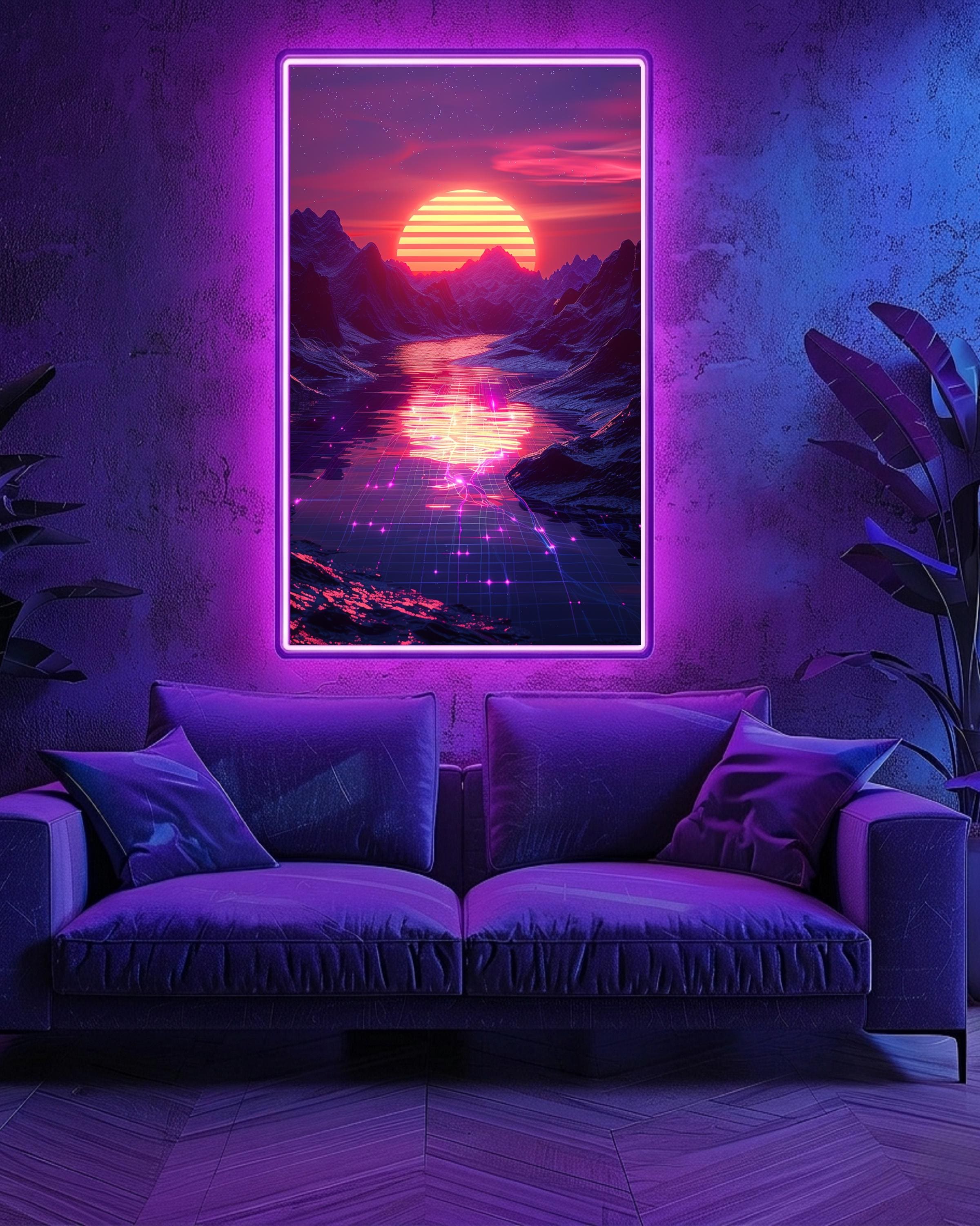 80s Retro Neon Sunset Gloss Print, Synthwave Vaporwave Wall Art, Grid ...