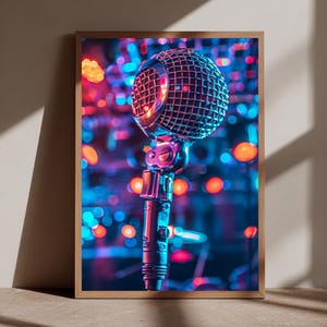 Vintage Mikrofon Wandkunst, Neon Disco Ball Reflections Glanzdruck, Retro Musik Poster, Bühnenbeleuchtung, Geschenk für Sänger & DJs