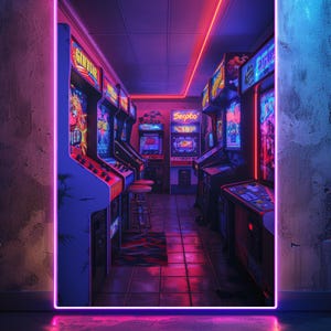 May include: A neon-lit arcade scene with vintage arcade machines. The image features a vibrant color palette of pink, purple, and blue, with a neon border. The arcade games are arranged in rows, with stools and a rug visible. The word "Serpico" is visible on one of the machines.