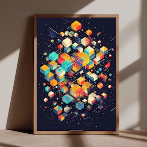 May include: Abstract art print featuring a geometric design of colorful cubes in shades of red, yellow, blue, and orange against a dark blue background. The artwork is framed in a natural wood frame.