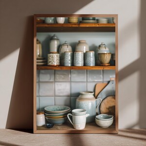 Mid Century Modern Kitchen Art Print, Ceramic Pottery Still Life Gloss Poster, Vintage Kitchen Decor, Muted Blue Green Tones Wall Art