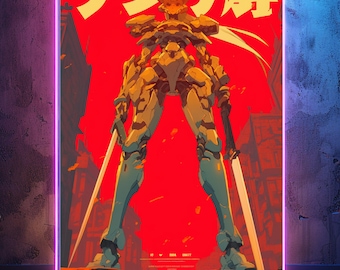 Vintage Anime Robot Poster Print, Bold Typography, Layered Mecha Characters, Retro Japanese Anime Wall Art, 80s Style Illustration