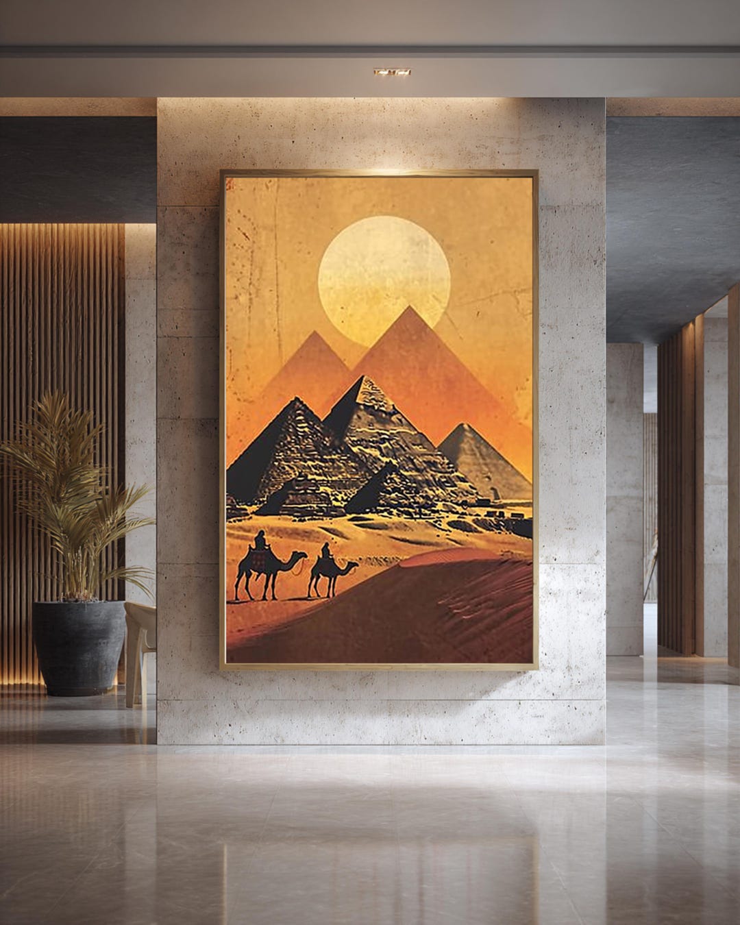 Retro Egypt Travel Poster Pyramids at Sunset, Camel Silhouettes, Warm ...