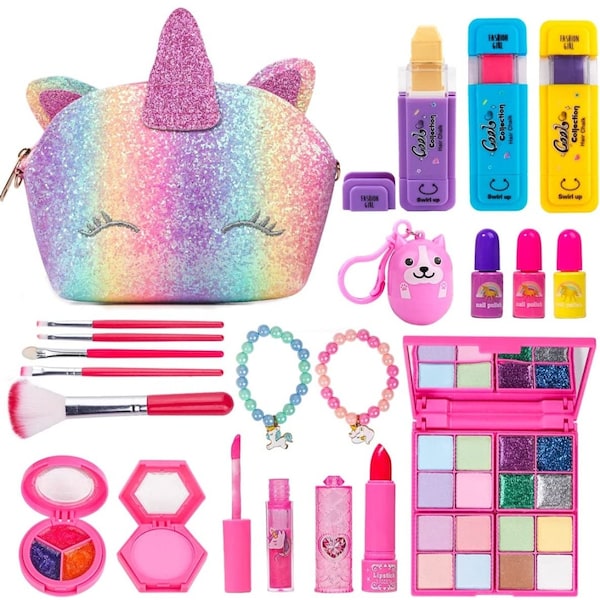 Kids Makeup Set for Girls, Washable Cosmetics Kit with Unicorn Makeup Bag, Hair Chalks, Makeup Palette, Birthday, gift for girls