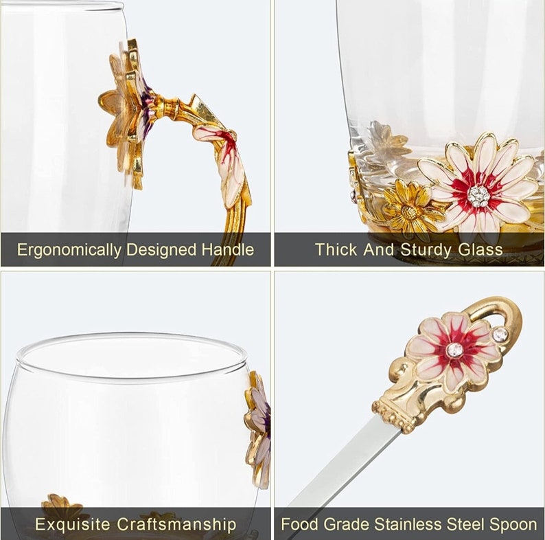 Enamel Glass Flower Tea Cup, Mugs With Steel Spoon,gift Box