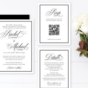 Rachel Simple Classic Modern Timeless Elegante Invito a nozze, biglietto di risposta e dettagli Card Wedding Suite Set / File digitali