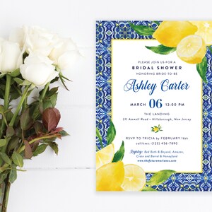 Lemons and Blue Tiles Positano Mediterranean Themed Bridal Shower Invitation | Digital File