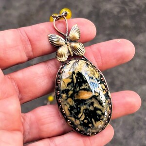 Honey Agate Copper Butterfly Necklace |Artisan|Witchy|Boho|USA|Rustic|Vintage-style|Cosplay|Gothic|Brutalist|Enchanting|Custom|Gemstone|