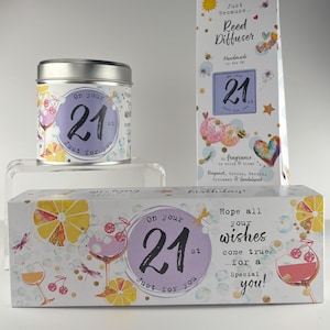 21 Geburtstagskerze Geschenkset - Reed Diffuser Teelichter und Blechkerze