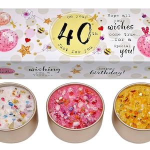May include: A set of three small candles in gold tins with colorful glitter embedded in the wax. The candles are packaged in a box with a colorful design and the text "on your 40th just for you...happy birthday!"