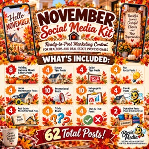 May include: A November Social Media Kit for real estate professionals featuring 62 total posts. The graphic displays various categories including holiday, buyer and seller tips, home maintenance, promotional, infographic, and trivia posts.