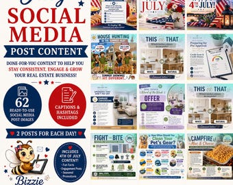 July Real Estate Social Media Content Kit | 62 Editable Canva Templates (Digital Download)