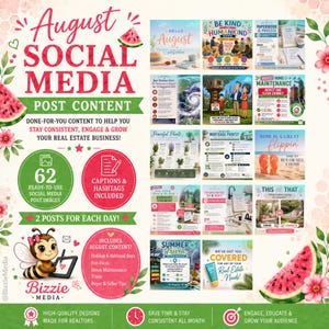 August Real Estate Social Media Templates | 62 Canva Posts, Captions (Digital Download)