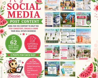 August Real Estate Social Media Templates | 62 Canva Posts, Captions (Digital Download)