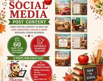 September Real Estate Social Media Content Kit | 60 Canva Posts | Realtor Marketing Templates |September Content Calendar