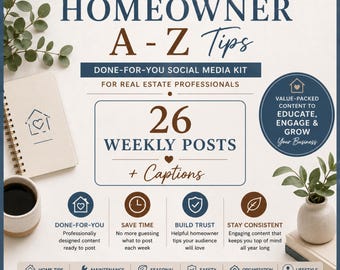 Homeowner A–Z Social Media Kit | Realtor Marketing Content | Done For You Posts