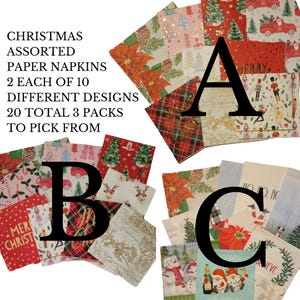 Assorted Christmas Paper Napkins - 20-Pack | 2 each of 10 designs | Variety of Sizes and Designs for Crafting, Décor or Entertaining
