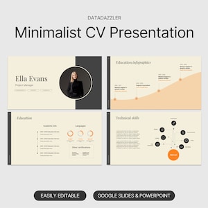 Könnte beinhalten: Eine minimalistische CV-Präsentationsvorlage mit einem Schwarz-Weiß-Farbschema. Die Vorlage enthält ein Foto einer Frau, eine Zeitachse der Ausbildung und ein Kompetenzdiagramm. Der Text "DATADAZZLER" und "Minimalistische CV-Präsentation" befindet sich oben auf der Seite. Der Text "LEICHT BEARBEITBAR" und "GOOGLE SLIDES & POWERPOINT" befindet sich unten auf der Seite.