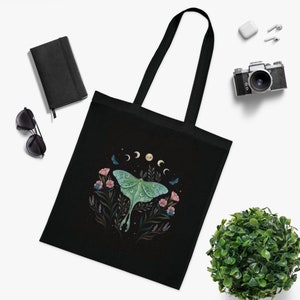 Luna Moth Cotton Tote Bag: Moon Phase Boho Chic Reusable Shopping Bag