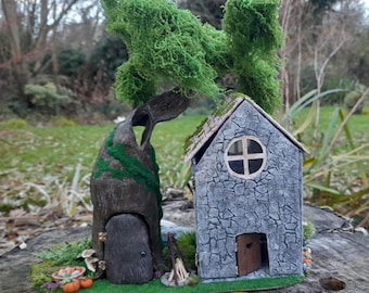 OOAK Handmade miniature witches cottage and hollow tree/ fairy house, handmade dollhouse.
