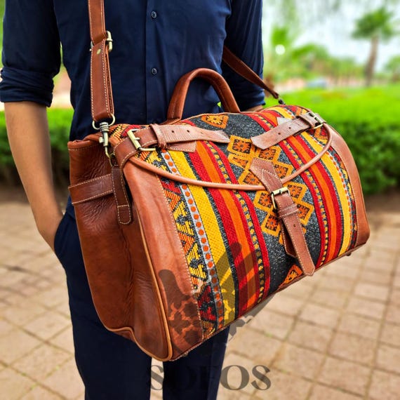 Handmade Kilim Travel Bags, Moroccan Leather Duffel Bag