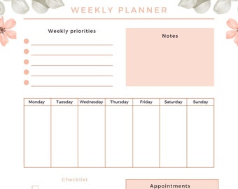 Hourly Weekly Schedule Portrait, Weekly Planner Printable, Week At a Glance, Weekly Agenda, Desk Planner, Weekly To Do List, A4