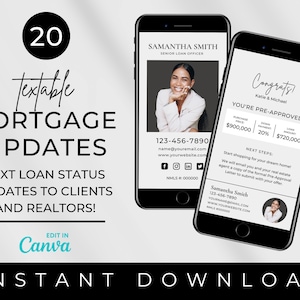 20 Atualizações de Status de Hipotecas por Texto | Marketing de Hipotecas | Status de Empréstimos por Texto para Clientes e Corretores | Modelos Canva | Pacote Digital