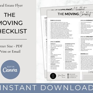 May include: A printable moving checklist with a light gray background and black text. The checklist is divided into sections for planning in advance, who to notify, essentials, utilities, finances, insurance, pack an overnight bag, pack an open first box, and moving day. The checklist is titled "The Moving Checklist".
